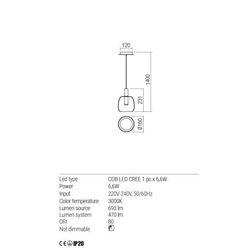 CANDELA – LED пендел в матово злато, Ø160 мм, 6.6W, 3000K, модерен дизайн