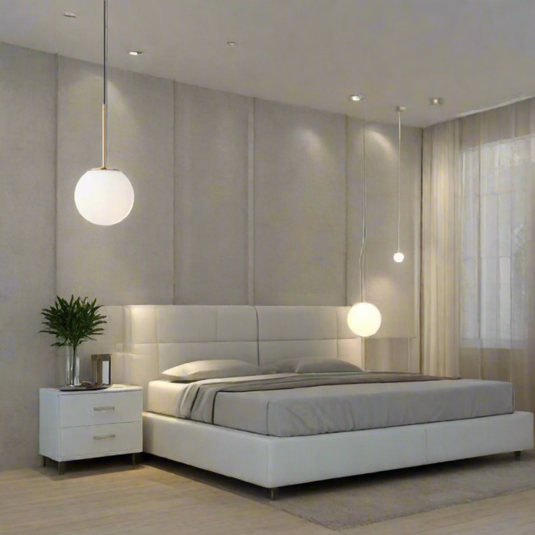 Златен пендел Niva монтиран на нощно шкафче в спалня от AVA Lighting