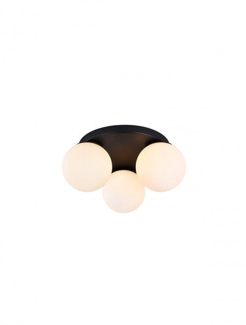 Bowling – Ceiling lamp with 3 opal spheres and a metal base in black | AVA Lighting