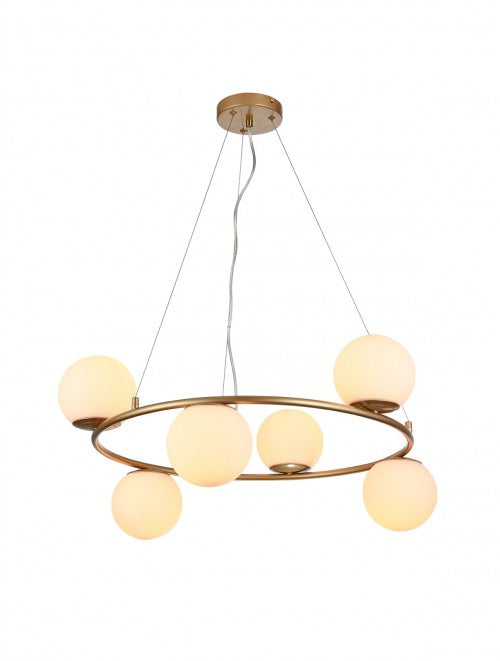 BOWLING pendant lamp – 6 opal spheres, golden