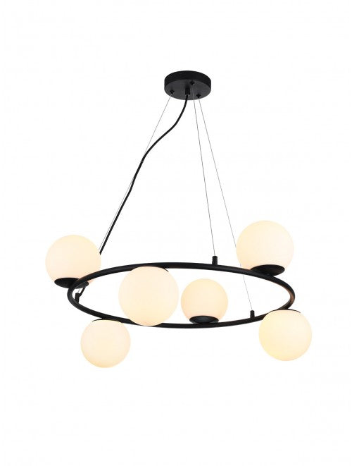 BOWLING pendant lamp – 6 opal spheres, black