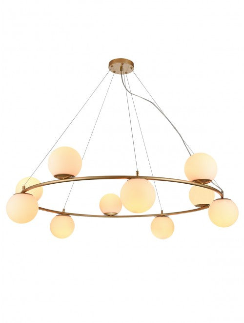 Bowling – Chandelier with 10 opal spheres and golden metal frame | AVA Lighting