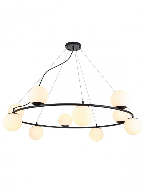 BOWLING pendant lamp – black ring with 10 blown glass spheres