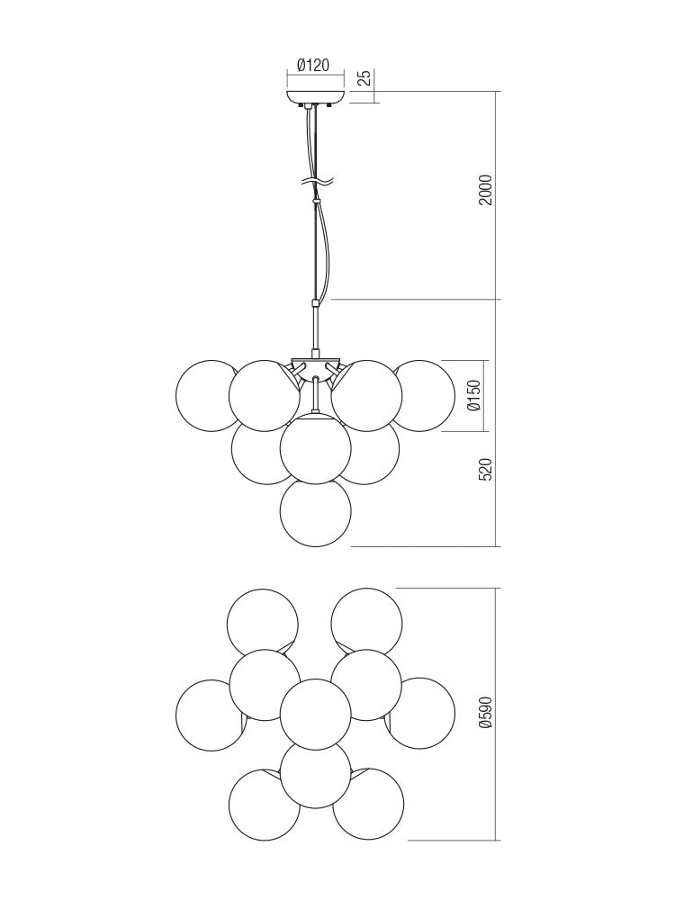 Agape – hanging lamp with 10 glass spheres, smoked glass and black metal