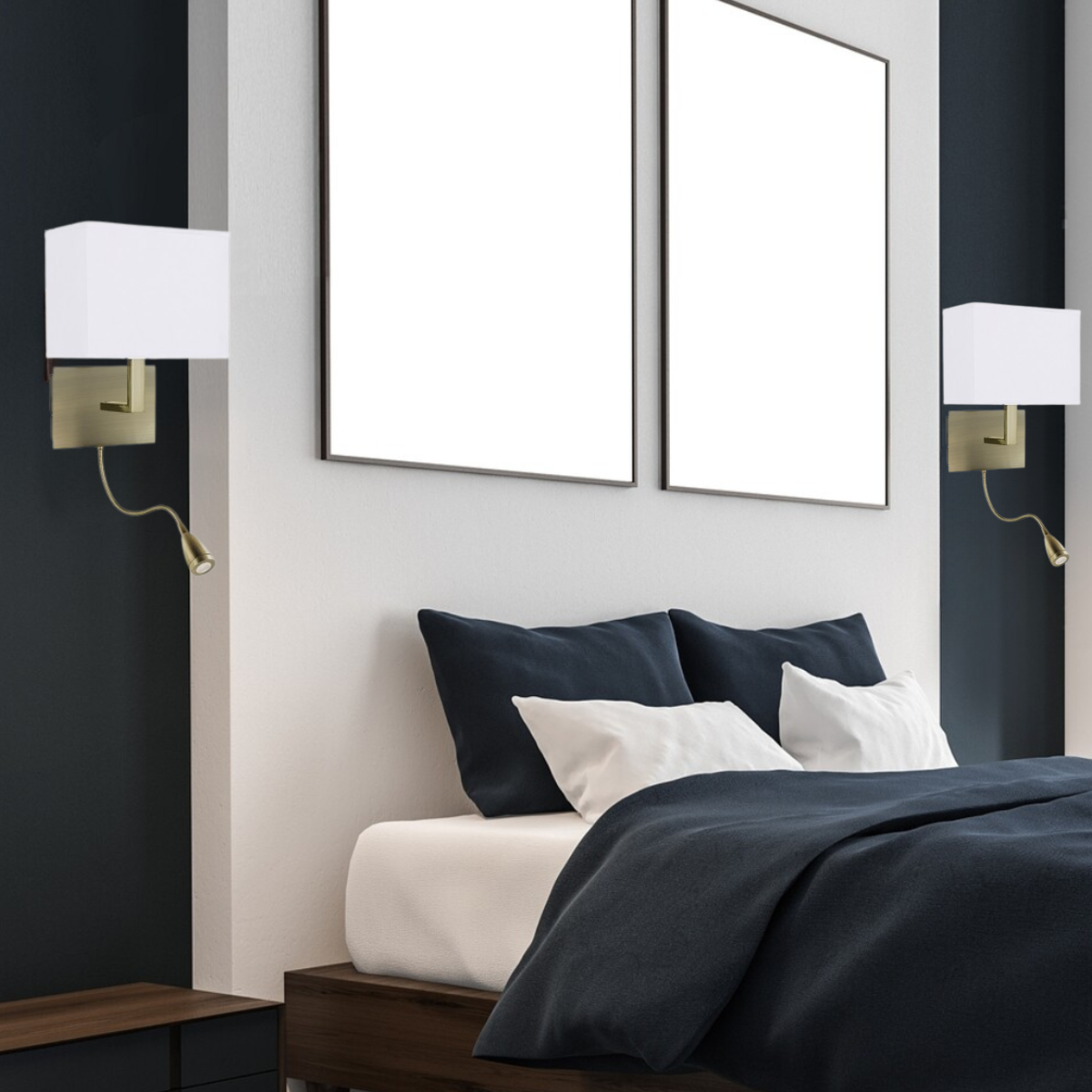 LED аплик Searchlight Wall 6519AB – античен месинг, с текстилна шапка и LED рамо