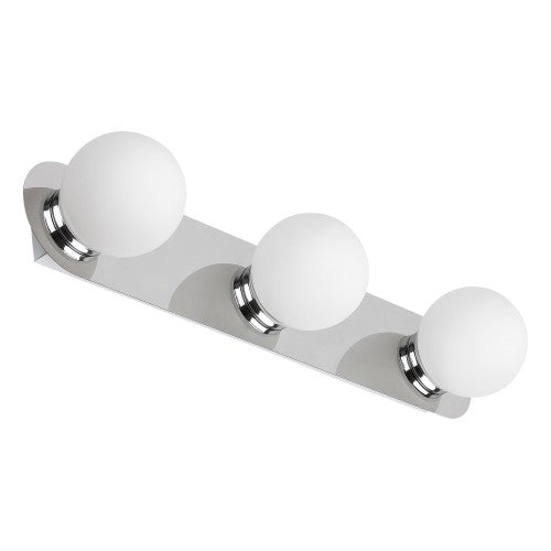 Becca – хромиран троен стенен аплик за баня с бели стъклени абажури, G9