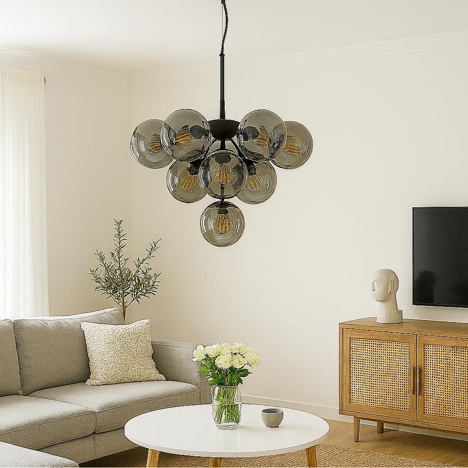 Agape – hanging lamp with 10 glass spheres, smoked glass and black metal