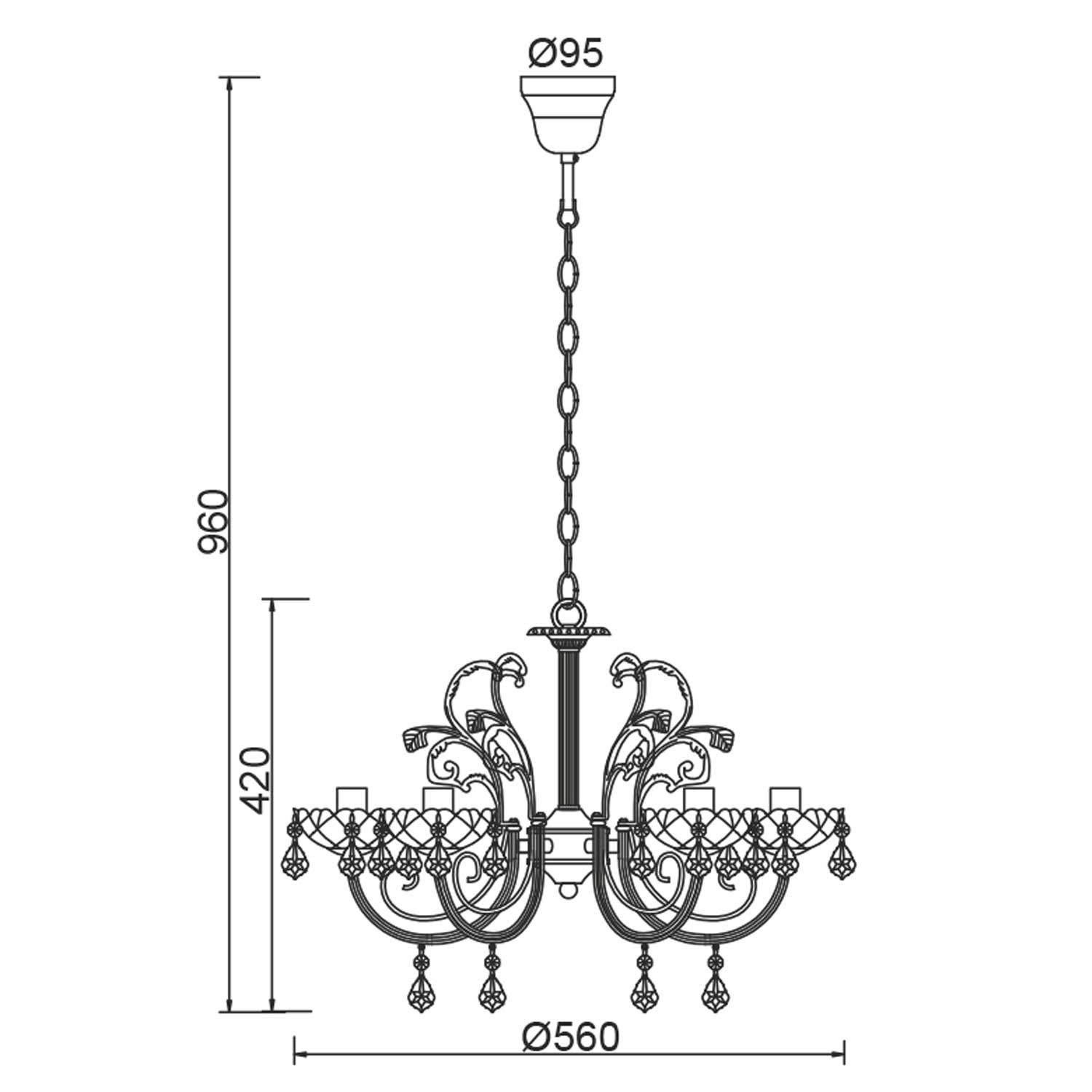 Chandelier FABERGE, metal golden bronze and crystal, 5xE14, Ø56xH96 cm