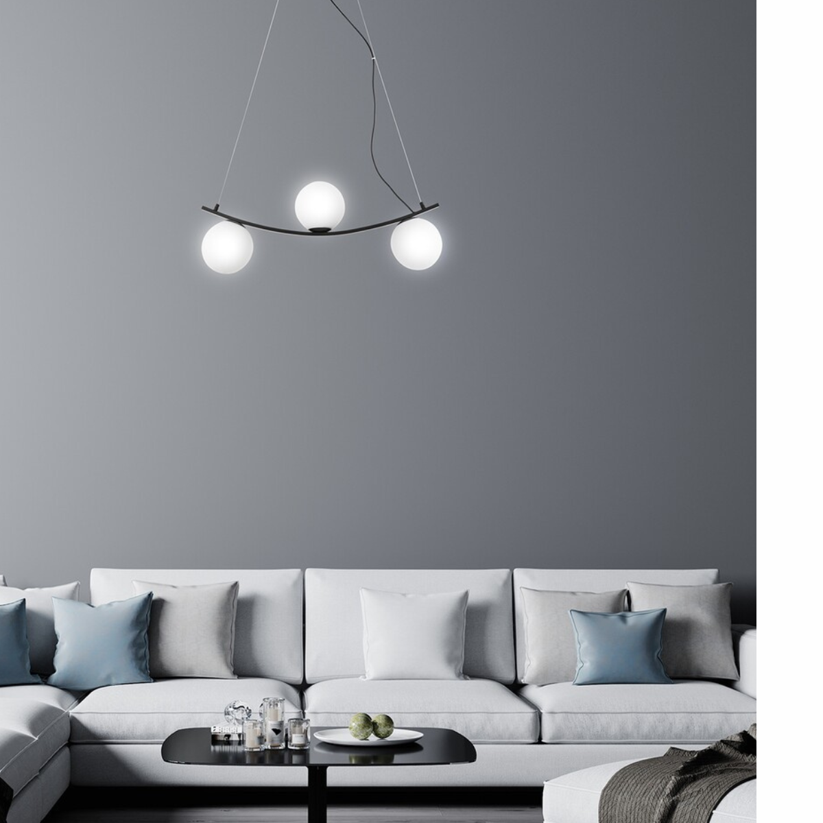 Aslan – черен мат пендел с бели стъклени абажури, 3xE14, метал и стъкло, индустриален стил