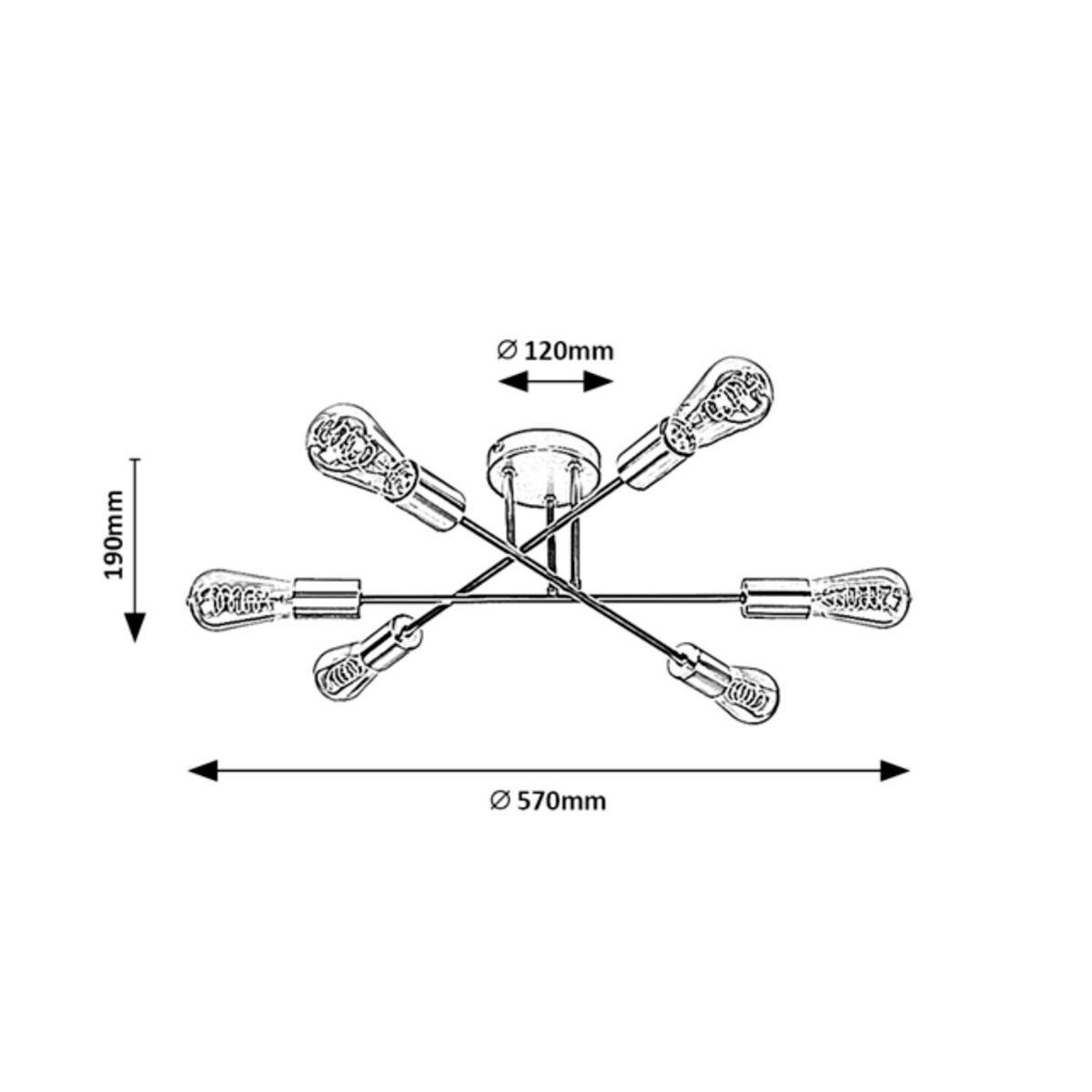 Branwen – модерен плафон с 6 светлини, черен мат и атинен хром, метал, 6xE27, индустриален стил