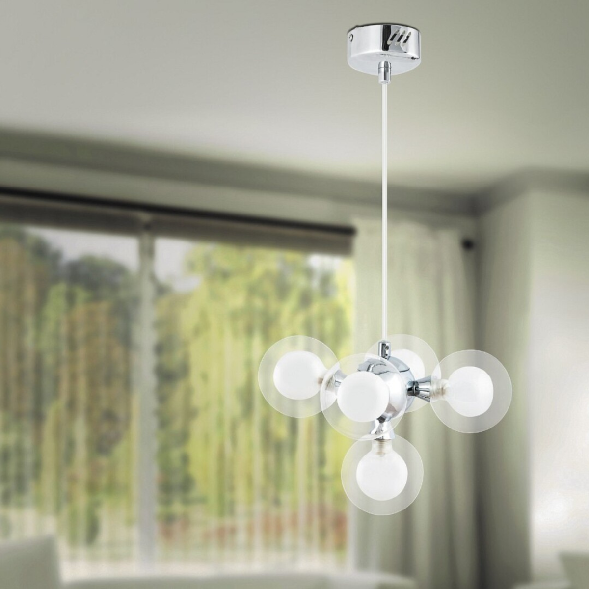 Briella – елегантен пендел с 5 светлини, хром и бяло стъкло, 5xG9, модерен стил