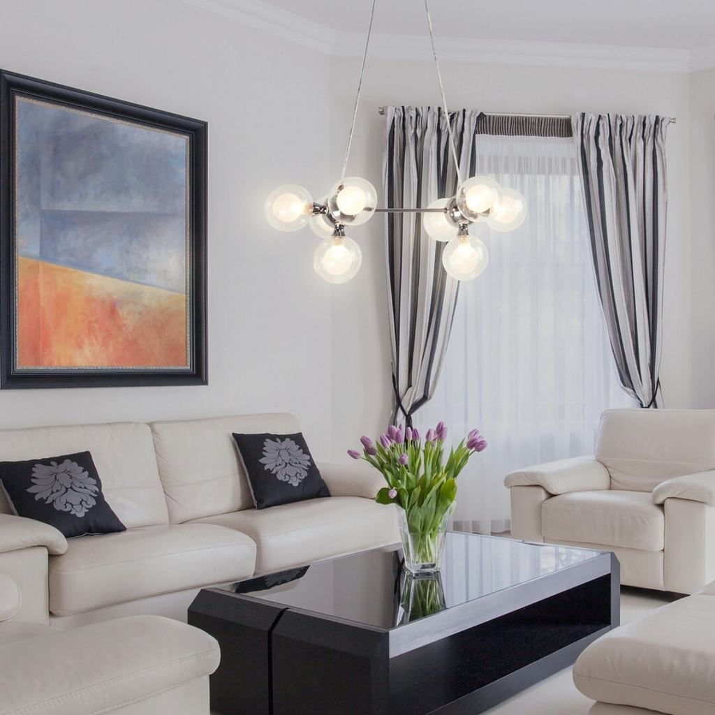 Briella – елегантен пендел с 8 светлини, хром и бяло стъкло, 8xG9, модерен стил