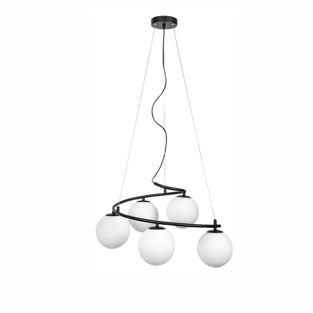 Aslan – черен пендел с бели стъклени топки, 5xE14, метал и стъкло, индустриален полилей