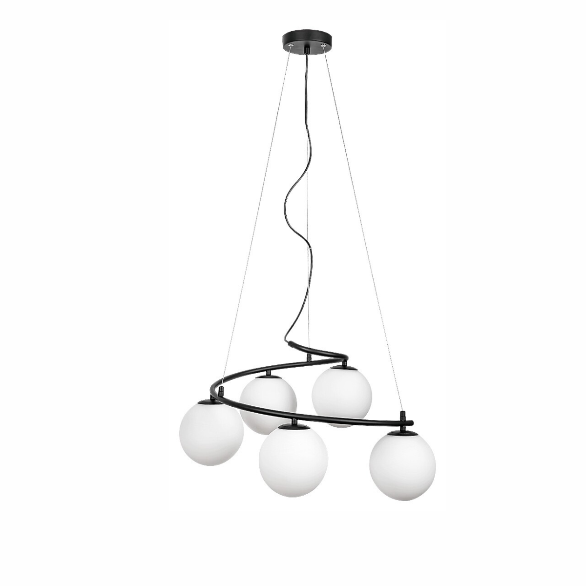 Aslan – черен пендел с бели стъклени топки, 5xE14, метал и стъкло, индустриален полилей