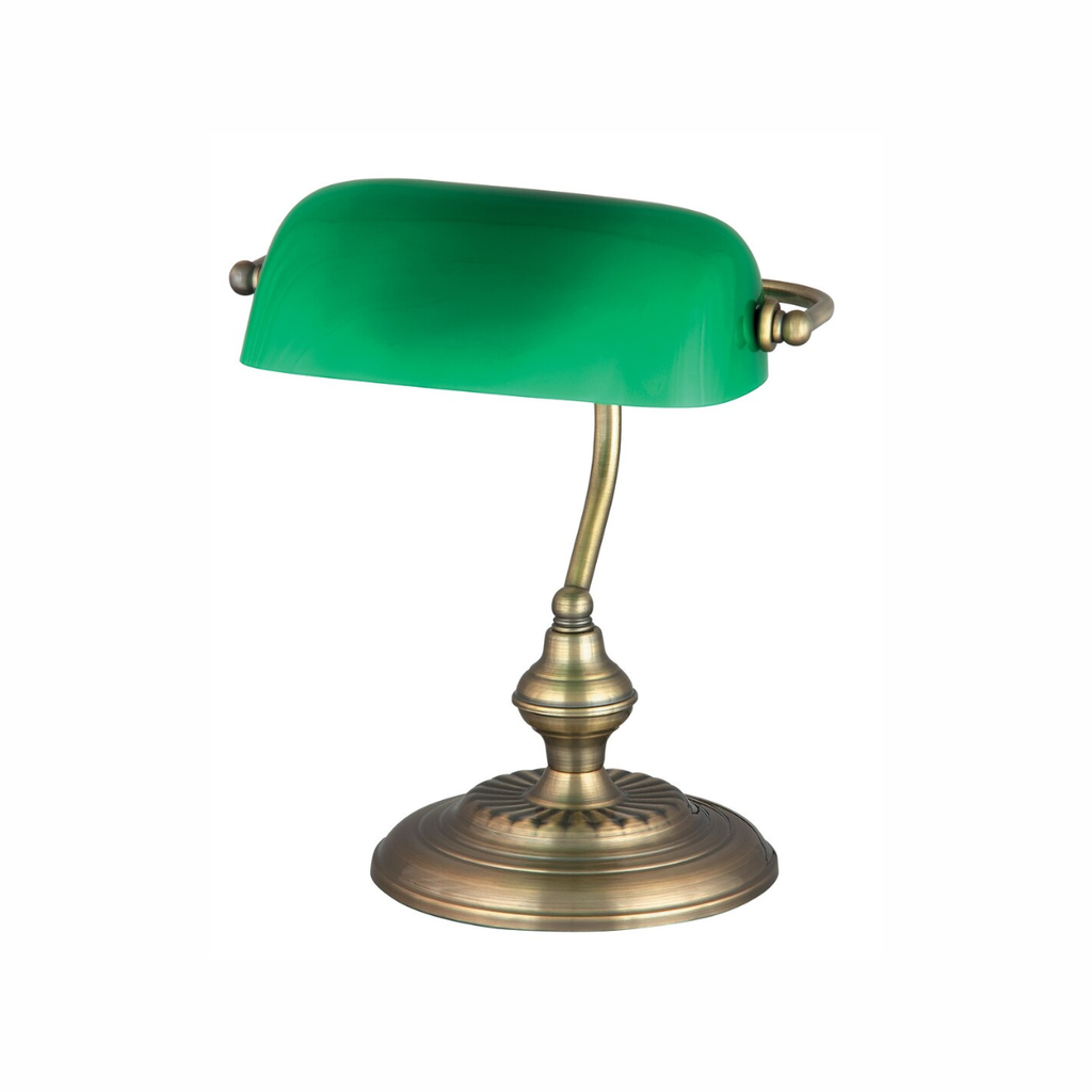 Bank – класическа настолна лампа в бронз със зелен стъклен абажур, 1xE27, метал и стъкло