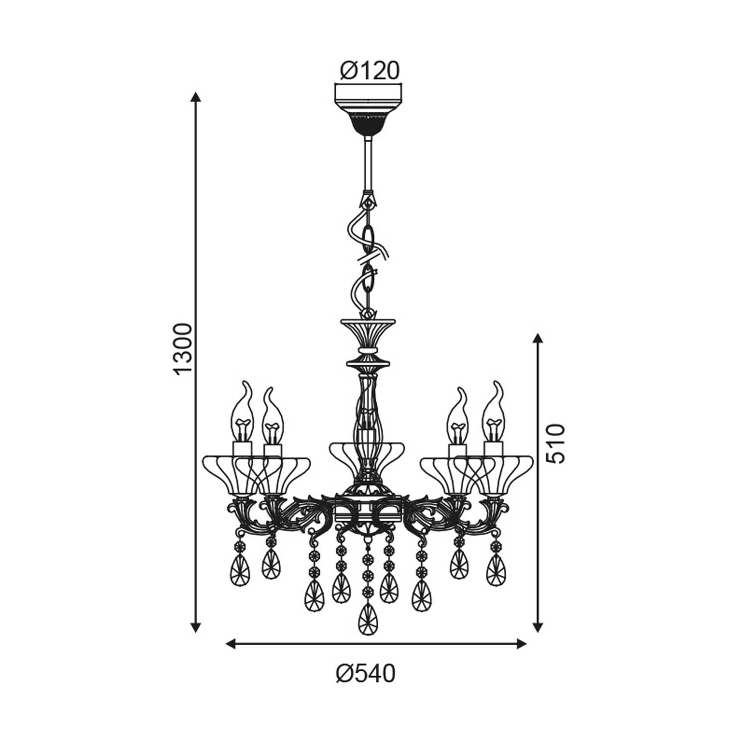 SARTO chandelier, bronze metal and crystal, 5xE14, Ø54xH130 cm
