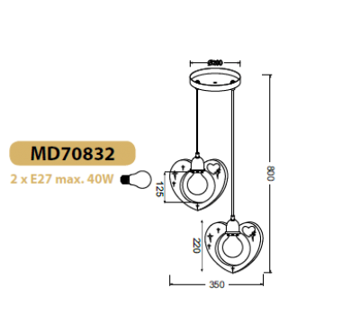 Детски пендел LOVE MD70832 – розова лампа със сърца, E27, 2x40W | ACA Lighting