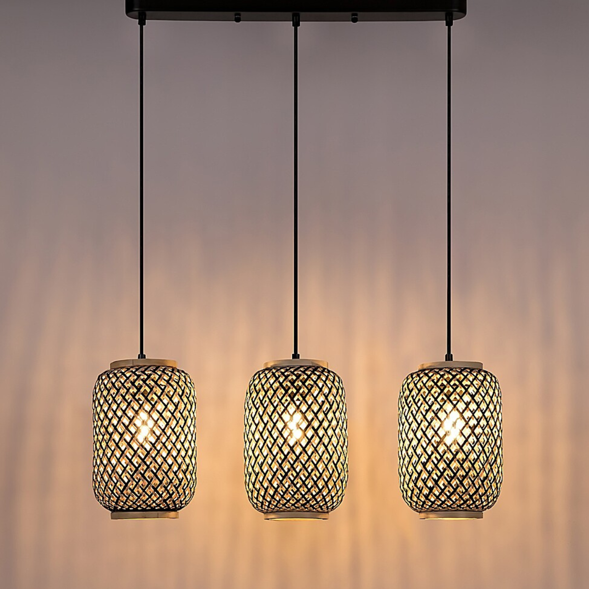 Adalla – висяща лампа, ратан и метал, 3xE27, мат черен, скандинавски стил