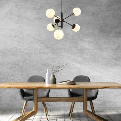 Полилей MEDUZA 72194 – черен мат с 6 бели стъклени сфери, модерен дизайн