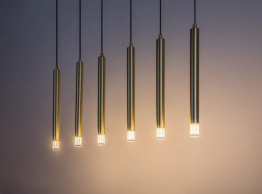Ramira – RABALUX gold pendant lamp with 6 lights and acrylic lampshades