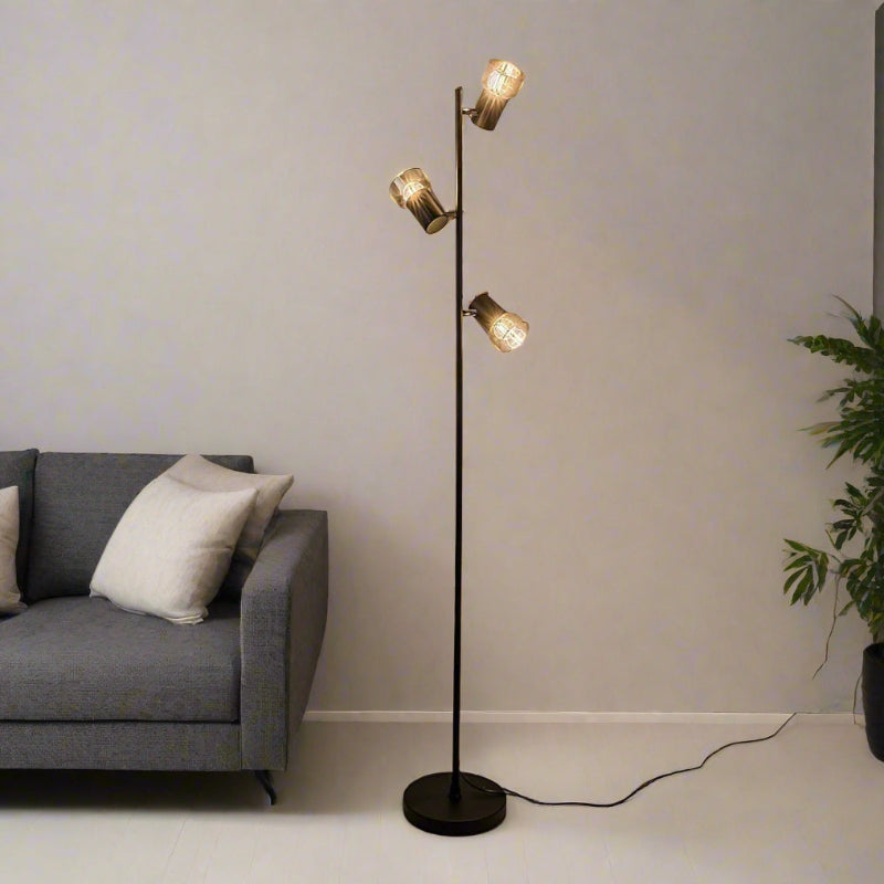 Hatice – Stylish floor lamp with 3 adjustable spots, black metal and smoked glass | RABALUX