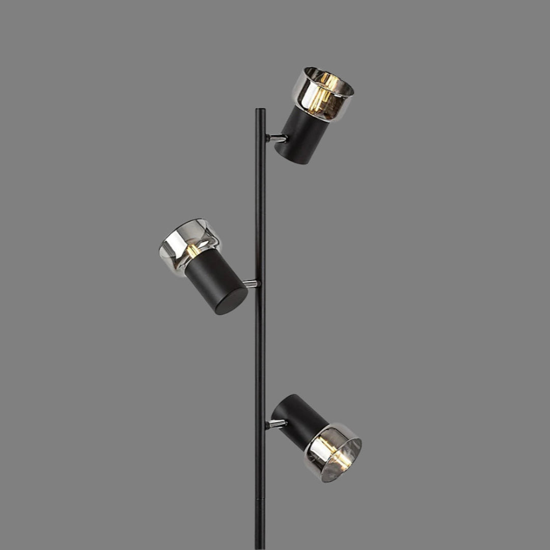 Hatice – Stylish floor lamp with 3 adjustable spots, black metal and smoked glass | RABALUX