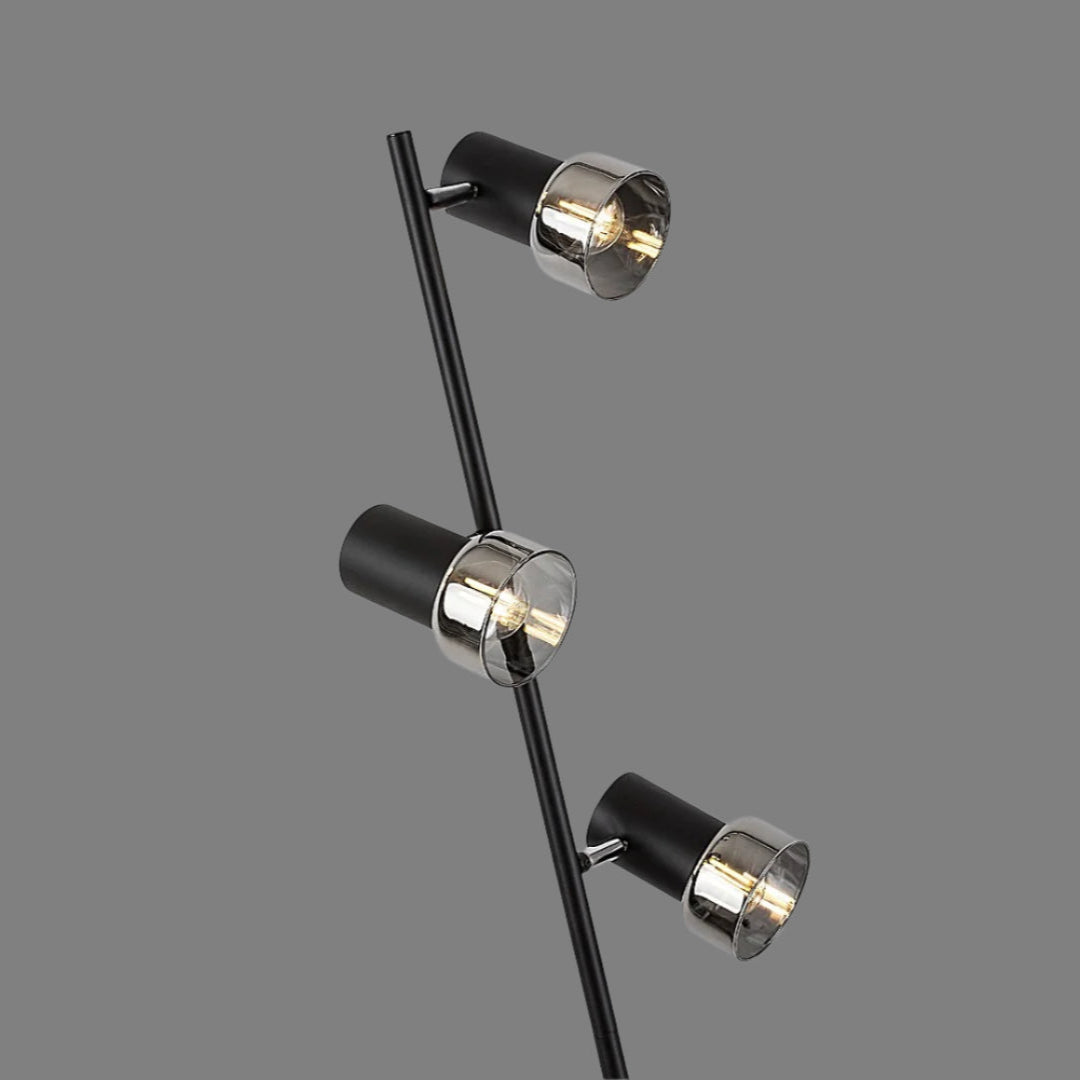 Hatice – Stylish floor lamp with 3 adjustable spots, black metal and smoked glass | RABALUX