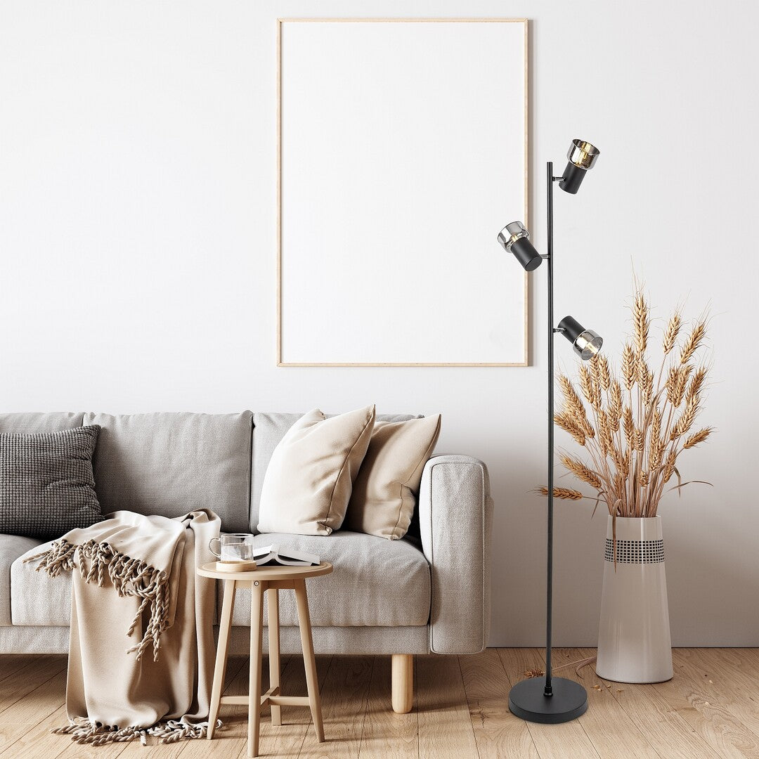 Hatice – Stylish floor lamp with 3 adjustable spots, black metal and smoked glass | RABALUX