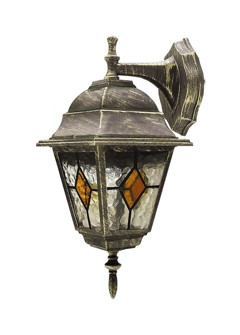 Monaco – RABALUX outdoor wall lamp, antique gold with colored glass shade