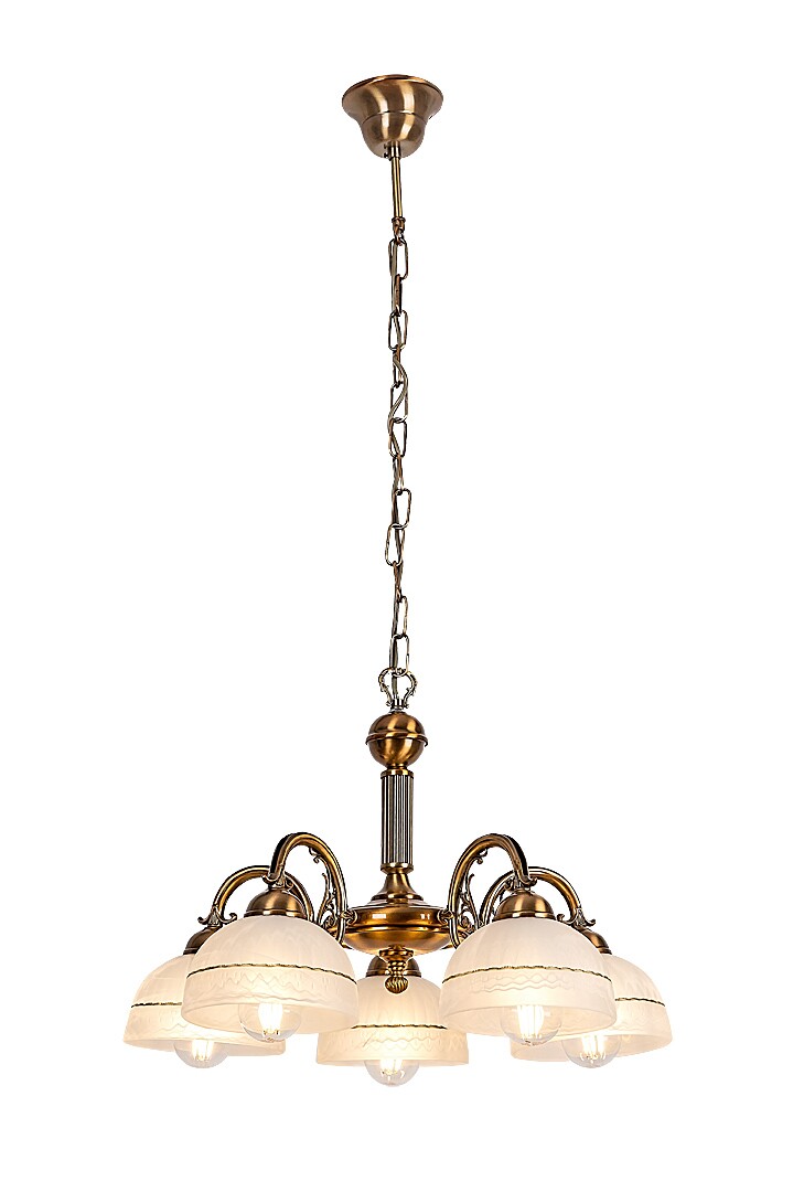 Flossi – classic chandelier with 5xE27, bronze and white glass lampshades | RABALUX