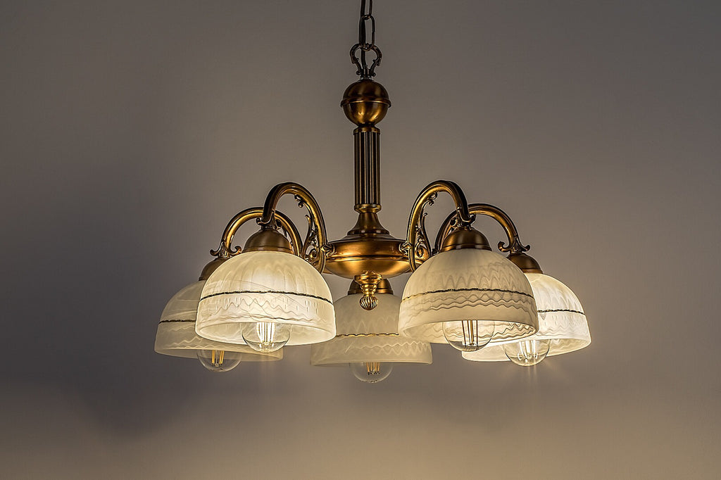Flossi – classic chandelier with 5xE27, bronze and white glass lampshades | RABALUX