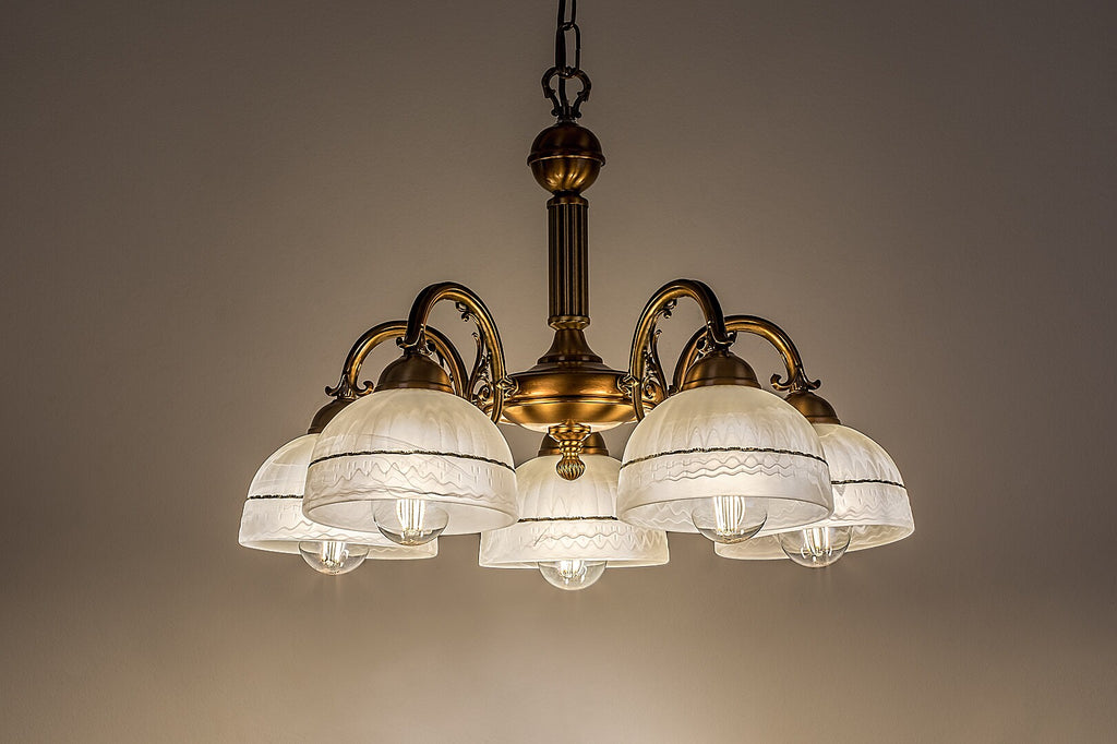 Flossi – classic chandelier with 5xE27, bronze and white glass lampshades | RABALUX