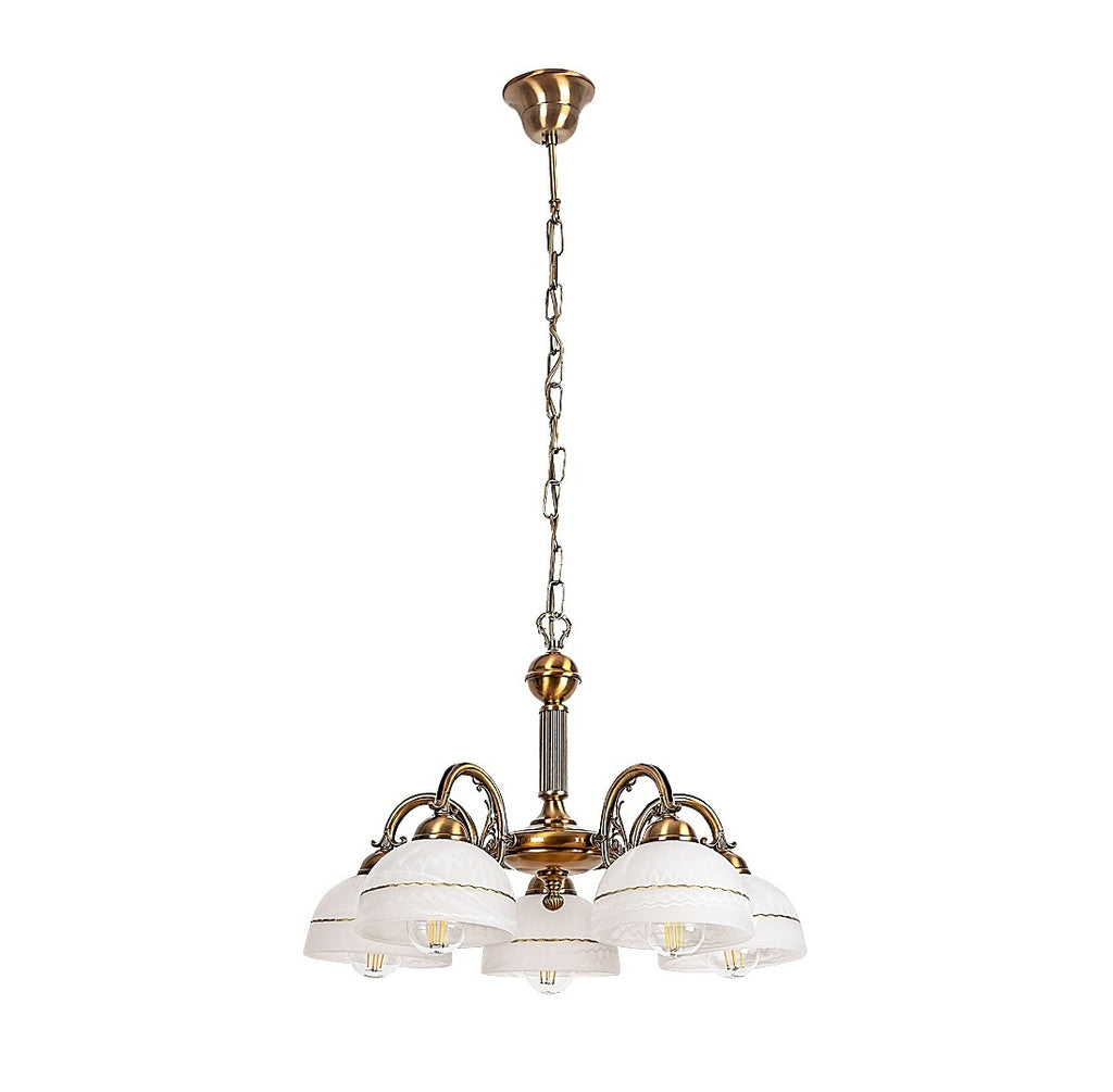 Flossi – classic chandelier with 5xE27, bronze and white glass lampshades | RABALUX