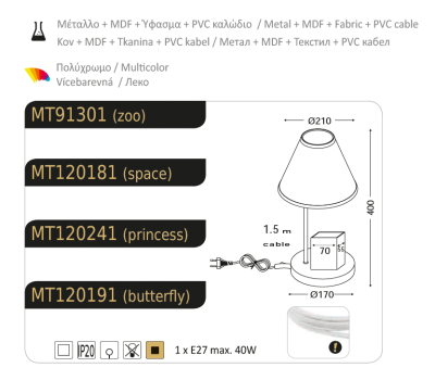 Настолна лампа PAIGNIO MT120191 – детска лампа с розова шапка и мотив пеперуди | ACA Lighting