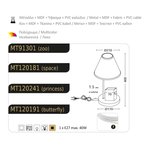 Настолна лампа PAIGNIO MT120181 – детска лампа със синя текстилна шапка с космос мотив | ACA Lighting