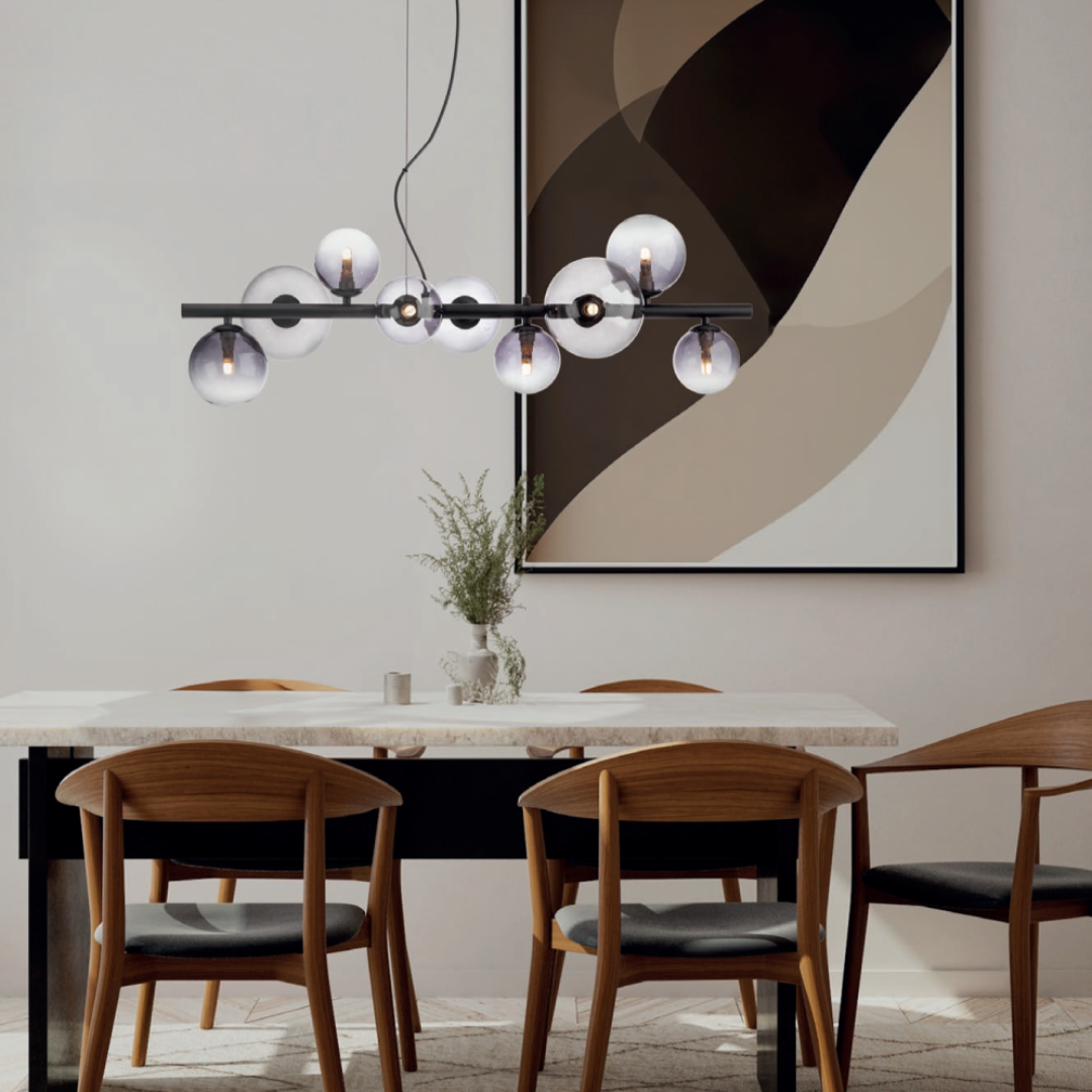 ASTRA, hanging pendant lamp, black matt, 9xE14, smoked glass