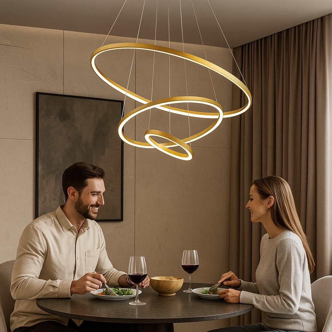 Beliza – висящ пендел, златен или черен, 90W, три пръстена, модерен стил