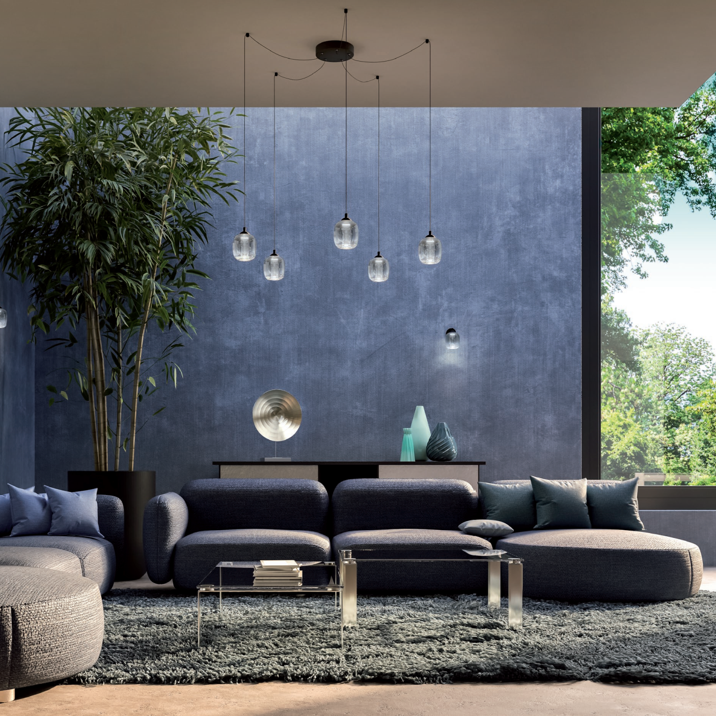 Khadi multi pendant (cluster), black matte and smoked glass, 26W LED 3000K, 3-step dim