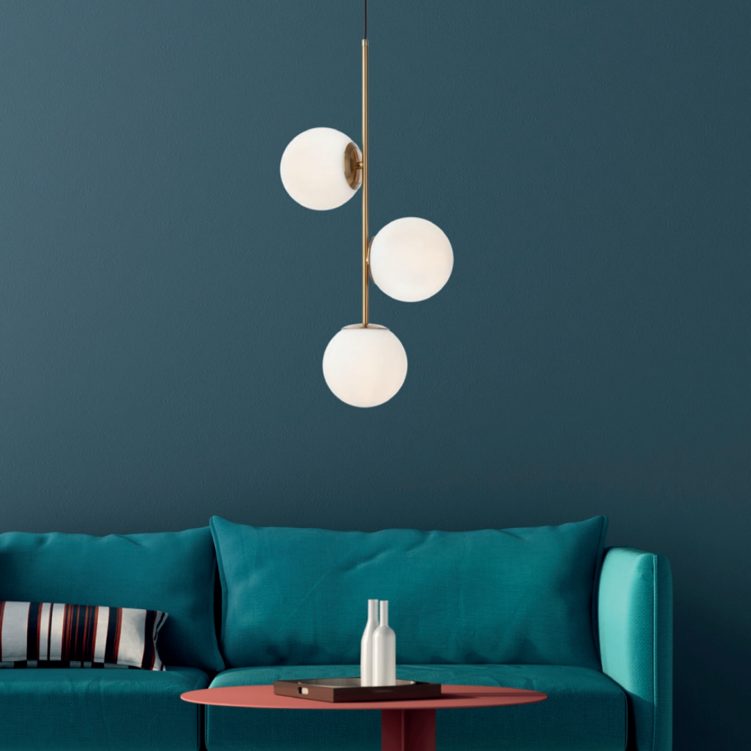 NIVA – Three-sphere pendant light, satin gold, opal glass
