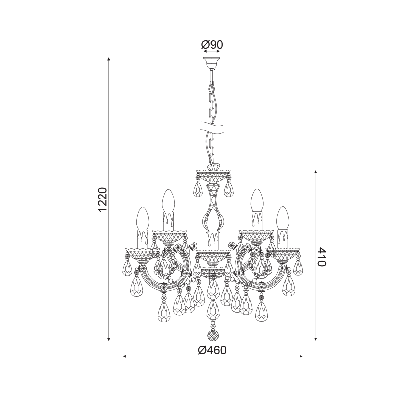 NEFERTITI chandelier, acrylic with smoky effect and chrome, 5xE14, Ø46xH122 cm