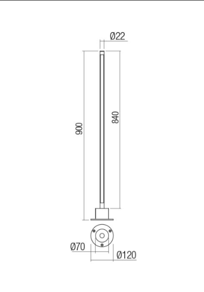 Технически чертеж на LED градински стълб Wiki Bollard 840mm с размери и спецификации.