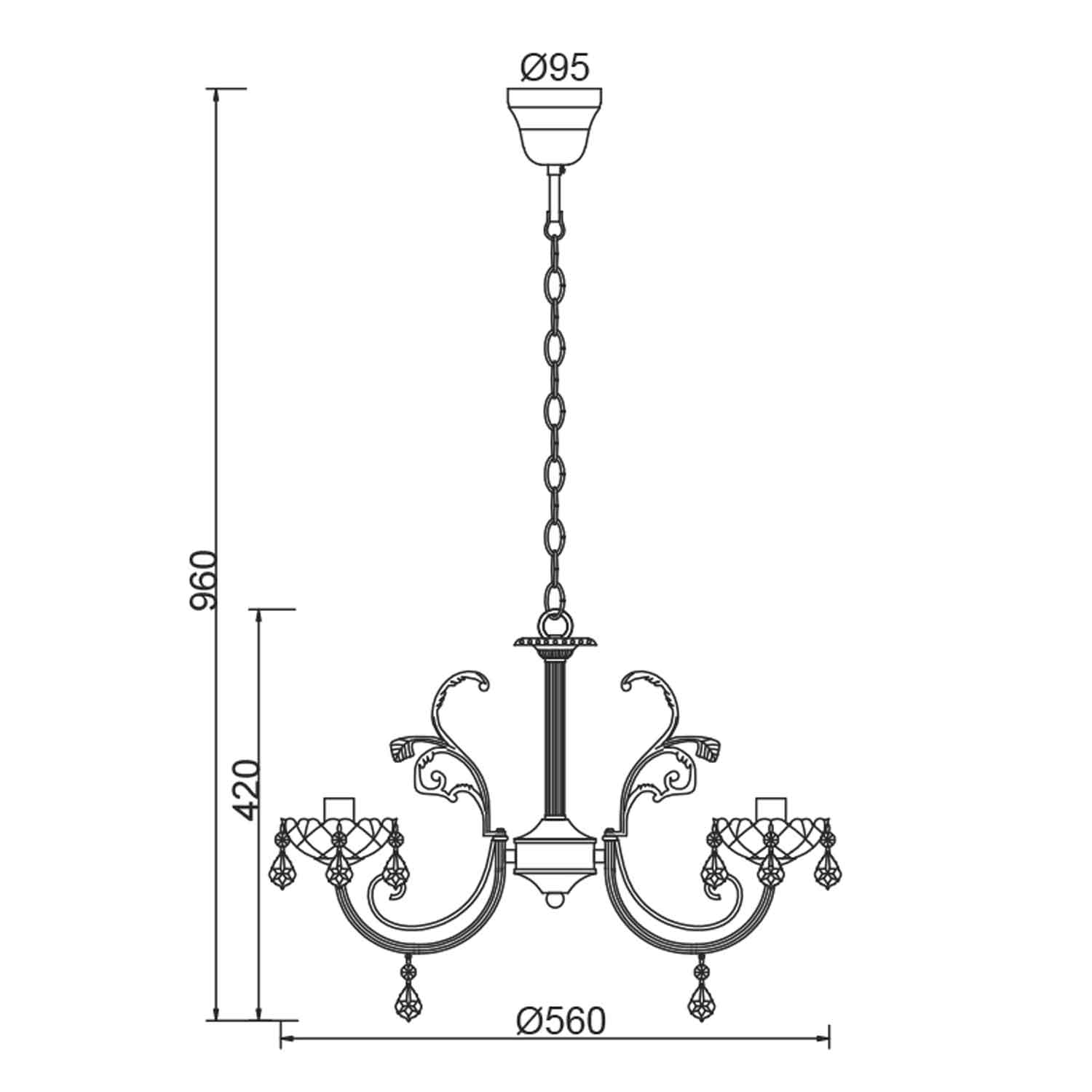 Classic Chandelier FABERGE, metal golden bronze and crystal, 3xE14, Ø56xH96 cm