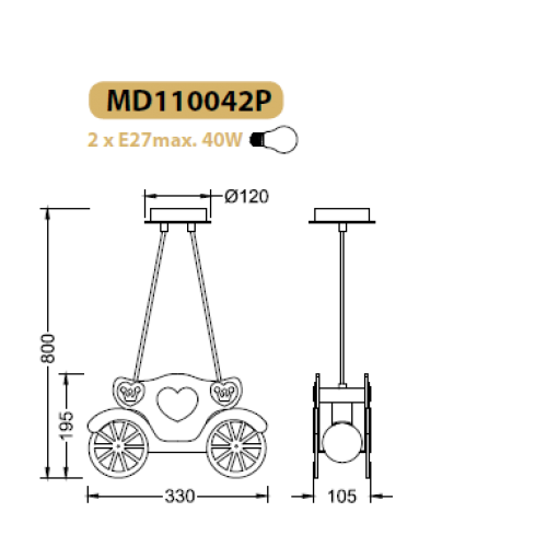 Детски пендел KINGDOM MD110042P – розова каляска, E27, 2x40W | ACA Lighting