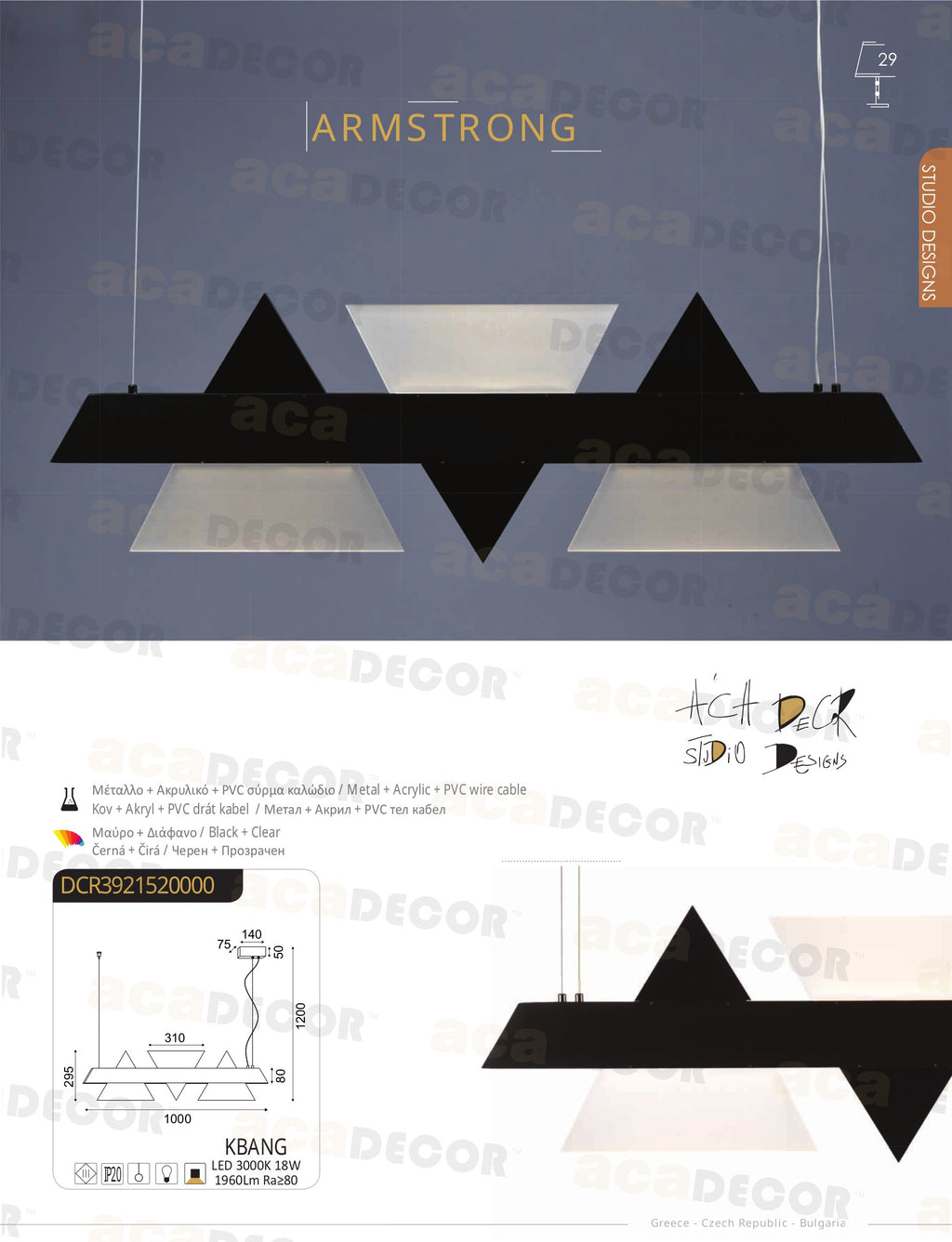 Led Pendant lamp ARMSTRONG, black metal and acrylic, 18W, 3000K, 1960lm, 100x7.5xH120 cm