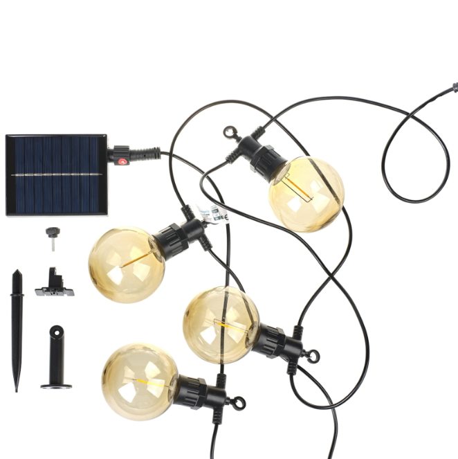 Светещ гирлянд Solar – 10xLED лампи, 5 м, IP54, соларно захранване, винтидж стил
