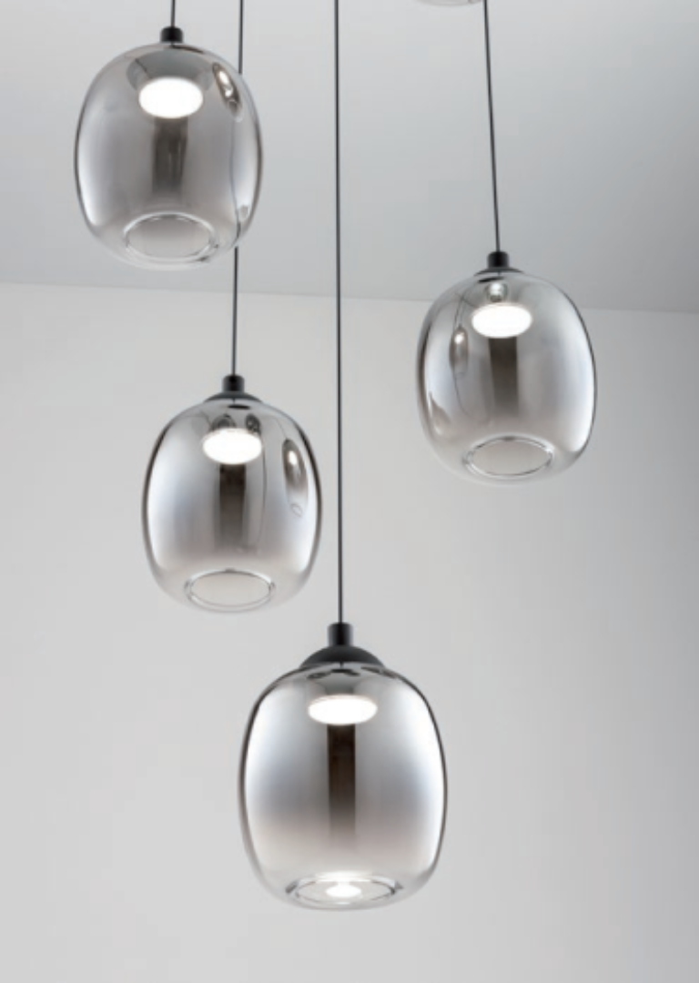Khadi multi pendant (cluster), black matte and smoked glass, 35.5W LED 3000K, 3-step dim