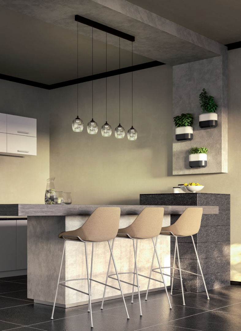 Khadi linear multi pendant (5 spheres), matte black and smoked glass, 26W LED 3000K, 3-step dim