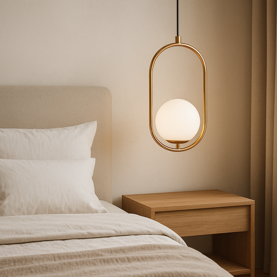 Elegant gold pendant light with white opal in bedroom interior