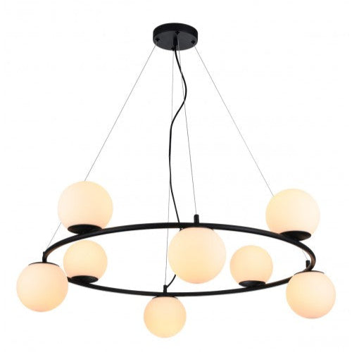 BOWLING pendant lamp – 8 opal spheres, black