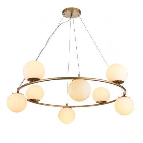 BOWLING pendant lamp – 8 opal spheres, golden